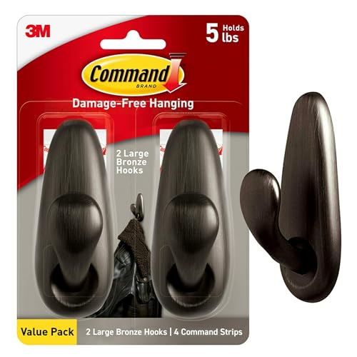 Command 5 lb Large Oil Rubbed Bronze Metal Hooks, 2 Coat Hooks and 4 Command Strips, Damage-Free Hanging with Adhesive, Forever Classic Great for Hanging Home and Room Decor