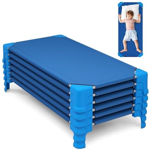 KOTEK Stackable Daycare Cots for Kids, Portable Children Nap Cots, 53" L x 24" W, Ready-to-Assemble, Space Saving Toddler Sleeping Cots for Classroom Preschool (6 Pack, Blue) Cover