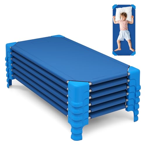 KOTEK Stackable Daycare Cots for Kids, Portable Children Nap Cots, 53' L x 24' W, Ready-to-Assemble, Space Saving Toddler Sleeping Cots for Classroom Preschool (6 Pack, Blue)