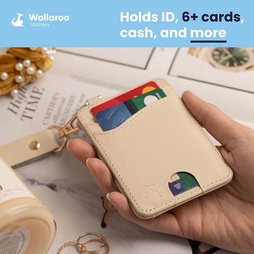 Image of Wallaroo Wallets Premium Leather Women's Wristlet Wallet Slim Card Holder for Credit Cards, ID, and Cash - Minimalist Slim Style with Non-Slip Lining and Wrist Strap (Beige)