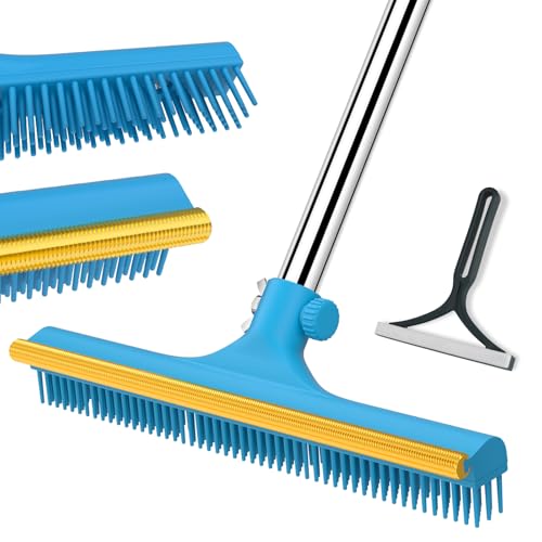 Carpet Rake for Pet Hair Removal, Reusable Pet Hair Remover Broom, 60'' Adjustable Long Handle Dog and Cat Hair Remover Tool Set of 2, Lint Remover Scraper for Carpets, Rugs, Mats, Couch, Car