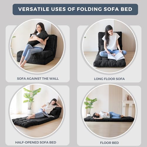 Image of MAXYOYO Folding Sofa Bed, Tufted Bean Bag Bed with Pillows Floor Couch for Adults, Extra Thick and Long Floor Sofa, Single Couch for Bedroom Living Room, Black, 30x91 Inch