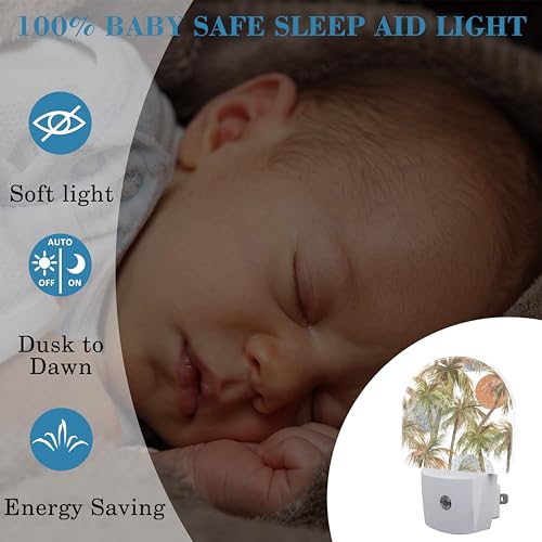 Image of Plug in Night Lights Watercolor Abstract Tropical Jungle Night Light with Dusk to Dawn Sensor Night Light for Kid Girls Boys Women Men Room Decor, Hallway, Kitchen, Bathroom, Nursery, Stairs