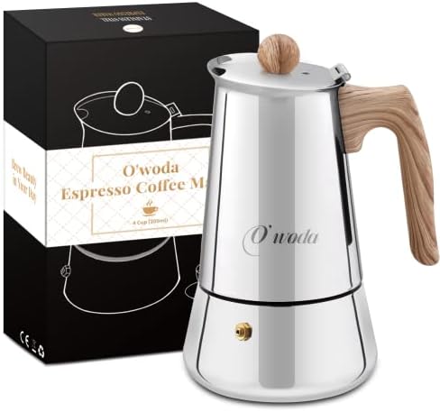 O'woda Espresso Maker 6 Cup, Stainless Steel Espresso Pot Stovetop Moka Pot, Coffee Maker Set Including Coffee Scoop with Clip, Coaster, Storage bag, Suitable for Induction Cookers (300ML - 6Cup)