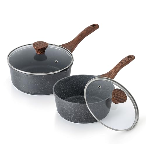 SENSARTE Nonstick Saucepan Set 1.5 Quart + 3.0 Quart with Glass Lid Swiss Granite Coating, Stay-cool Handle Sauce Pot, Induction Comptabile, PFOA Free