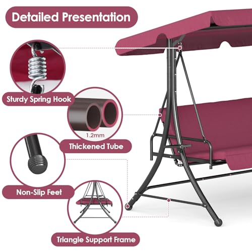 GRAVFORCE 2-in-1 Outdoor Patio Swing 3-Seat Porch Swing with Adjustable Canopy and Removable Cushions, Perfect for Patio, Backyard, Garden（Wine Red - Thumbnail 5