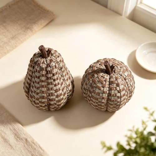 Image of winemana 2 Pack Fall Pumpkin Decor, Woven Resin Pumpkins for Indoor Home | Distressed Finish, Rustic Farmhouse Style, Artificial Pumpkin for Table Centerpiece Mantel, Thanksgiving Autumn Decorations