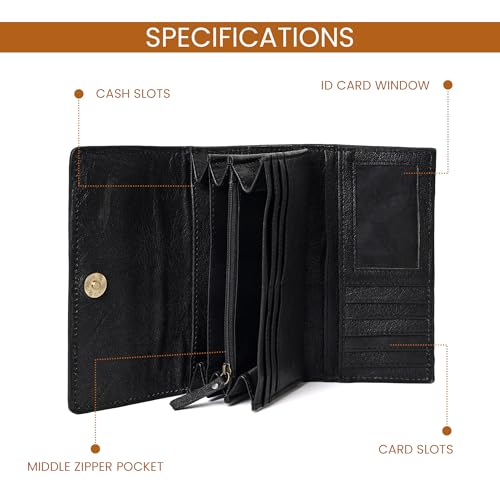 Image of Merbaa Hantooled Leather Wallet RFID Blocking, Trifold Ladies Purse, Flower Handtooled and Carved long Clutch, 1 Back Zip pocket, Wallet For Women, Brown, Medium, Classic