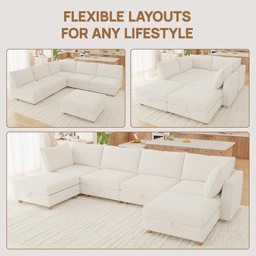 Image of 99 inch Modular Sectional Sleeper Sofa Bed with Storage & Washable Covers, 6-Seater Chenille Modular Sofa Bed with Movable Ottoman Chaise, Convertible Sleeper Sectional Couches for Living Room, Beige