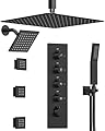 GRANDJOY Dual Rainfall Shower head System, 16 "Wall Mount Bathroom Shower Faucet with Handheld Sprayer & 3 Body Jets, Matte Black