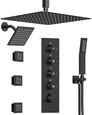 GRANDJOY Dual Rainfall Shower head System, 16 "Wall Mount Bathroom Shower Faucet with Handheld Sprayer & 3 Body Jets, Matte Black