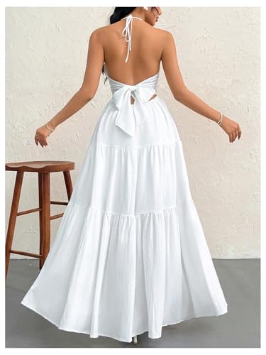 SHENHE Women's Deep V Neck Tie Knot Backless Halter Dress A Line Flowy Ruffle Maxi Dress2