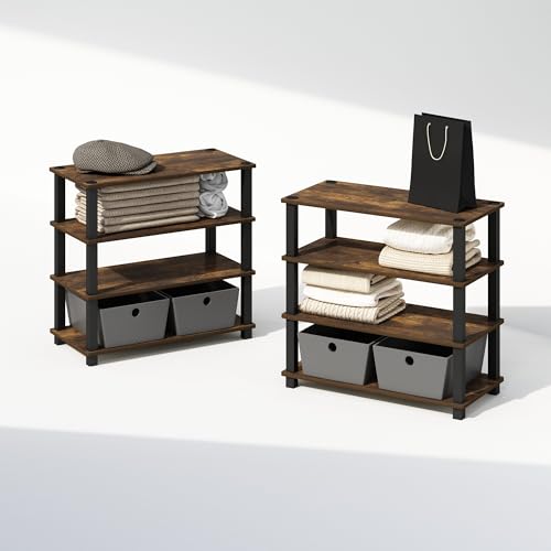 Image of Furinno Turn-N-Tube Storage Shelves Set of 2, 4-Tier Stackable Standing Shelf, Open Corner Shelf, for Organization and Storage, Living Room, Garage, Home Office, Amber Pine