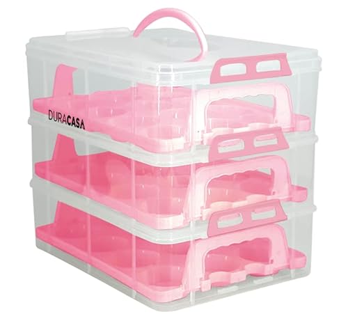 Duracasa Cupcake Carrier, Cupcake Holder - Premium Upgraded Model - Store Up To 36 Cupcakes Or 3 Large Cakes - Stacking Cupcake Storage Container - Cookie, Muffin Or Cake Carrier (Pink, Three Tier) #TOP6