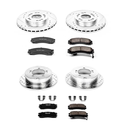 Image of PowerStop Front and Rear Brake Kit for Eagle Talon 1995-97 |Mitsubishi Eclipse 1995-00 |Galant 1999-00 - Drilled and Slotted Disc Rotors with Carbon-Fiber Ceramic Brake Pads Replacement, K802