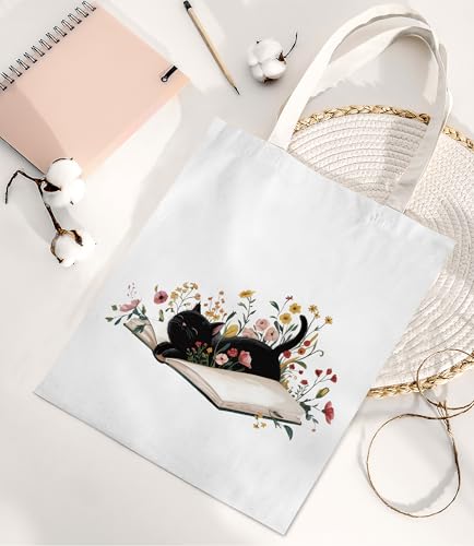 Image of Cute Cat Canvas Tote Bag for Women， Aesthetic Reusable Shoulder Bag for Shopping Travel Work