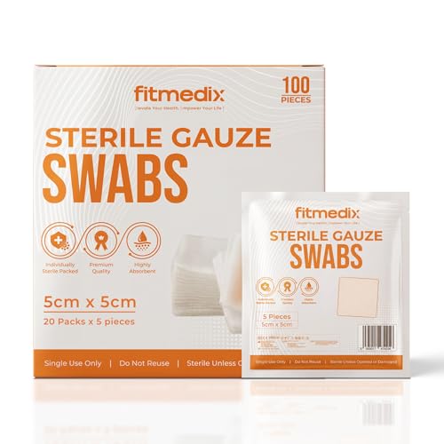 FitMedix Premium Sterile Gauze Swabs for Wound Care- Soft Non Woven Cotton Swabs for Cleaning & Dressing Changes- Breathable Non Adherent Dressing Gauze Pads for First Aid (5cm x 5cm - Pack of 100)