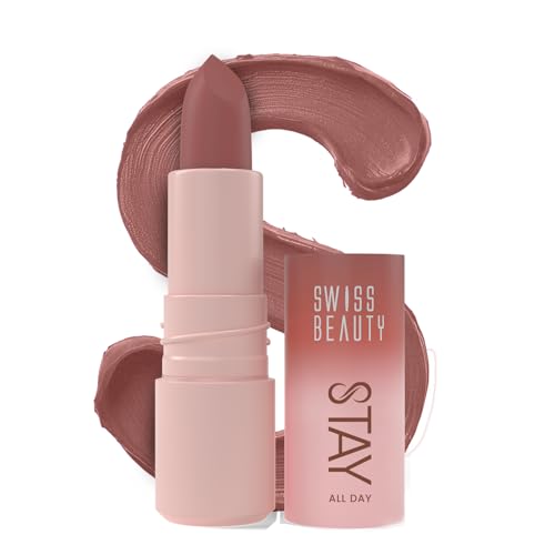 Image of Swiss Beauty Stay All Day Lipstick | 12-Hour Stay | Transfer-Proof | Matte Finish | With Vitamin E & Shea Butter | Shade- 1. Pouty, 4g