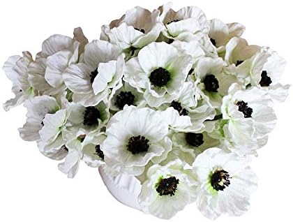 LebriTamFa 12 Stems Artificial Poppies Real Touch PU Fake Latex Flowers for Wedding Holiday Bridal Bouquet Home Party Decor (White)