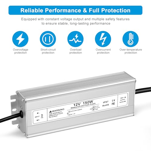 Image of 12V 150W LED Power Supply, IP67 Waterproof LED Driver, AC 110V to DC 12 Volt 12.5A Low Voltage Transformer Converter for Outdoor LED Strip & Landscape Lighting, 3-Prong Plug with 3.3FT Cable