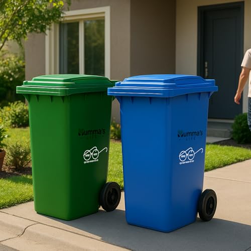 Image of Mumma's LIFE 120L Dustbin for Home | Plastic Manual-Lift Wheel Garbage Bin | Heavy Duty HDPE Waste Bin with Lid & Wheels | Green & Blue | Pack of 2