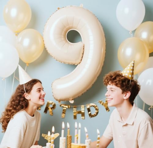Image of Number Balloons 9 Balloon Cream for 9th Birthday Party Decorations, 40 inch | Saturated Color, Large 40 inch, With Inflation Straw & Hanging Holes, Great for Wedding, Anniversary, Thanksgiving, Christmas