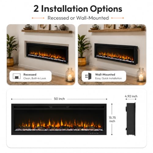 Image of Garvee 50 Inch Electric Fireplace, Modern Wall Mounted Fireplace Heater