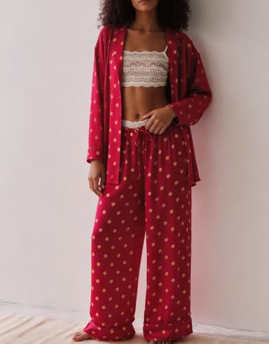 Image of Women Satin Pajama Sets Floral Silk Pajamas Pj Set | 2 Piece Lounge Sets, Button Down Long Sleeve Shirts and Wide Leg Pants Pjs Set, Christmas Holiday Valentine's Day Sleepwear