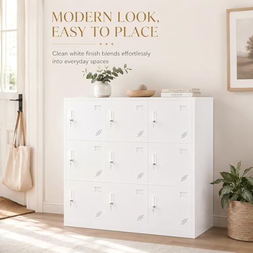 Lilvduybz 9 Door Locker, Stackable Locker Unit with Lock and Ventilation, Cold-Rolled Steel Cabinet, for Factory, Office, School, Gym, White - 2