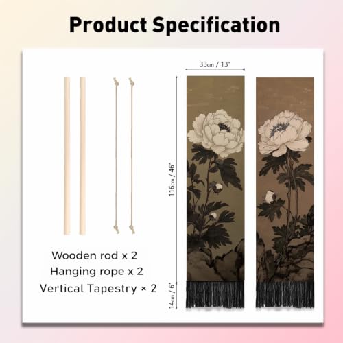 Tapisserie verticale japonaise pivoine pour salon et chambre ambiance zen