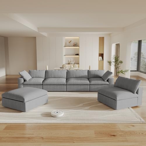Image of Modular Sectional Sofa Couches for Living Room,160inch Linen Cloud Couch with Storage Ottoman, Oversized U Shaped 6 Seater Convertible Sleeper Sofa Chaise,Gray