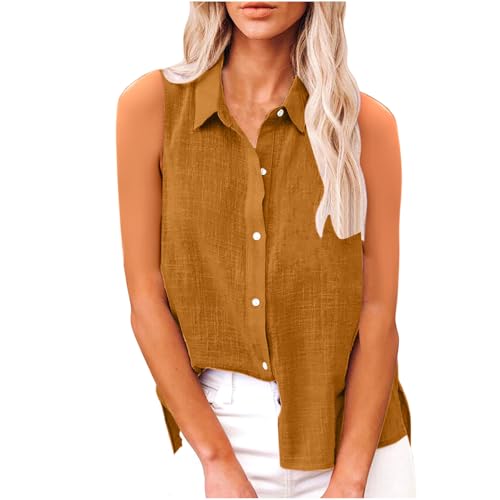 Camisas de lino mujer blusa sin mangas fresca con botones marrón XXXL