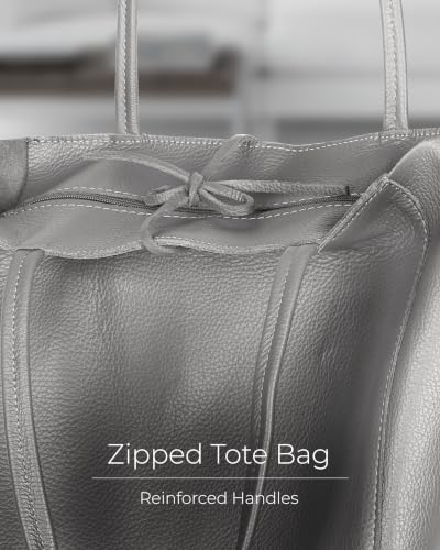 Image of Genuine Italian Leather Tote Bag for Women, Large Slouchy Purse, Grey | Unstructured bag, raw unlined interior with zip pocket, top zipper, side ties, folds flat, fits a 16-inch laptop, lightweight