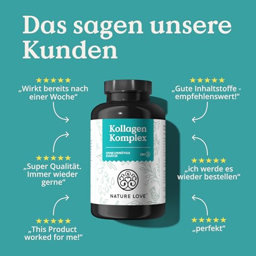 Foto von NATURE LOVE® Kollagen Komplex – 180 Kapseln – mit Hyaluron, Biotin, Selen, Zink, Vitamin C aus Acerola & Silicium aus Bambusextrakt – Collagen hochdosiert – laborgeprüft und in Deutschland produziert