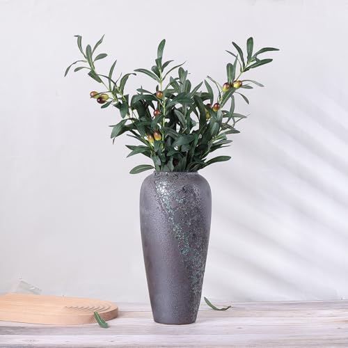 LINYTHER Large Rustic Vase, Black Ceramic, Modern Vintage Stone-Like Texture, Tall Floor or Table Decor, Distressed Pottery Vase