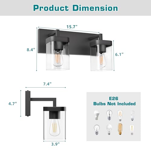 Image of Bathroom Vanity Light, Square Design 2 Lights Morden Bathroom Lighting Fixtures Over Mirror, Black Light Fixtures for Living Room /Bedroom