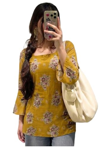 Image of ANNI Designer Women's Viscose Blend Printed Short Kurti | Straight Fit Casual Ethnic Top | Square Neck Full Sleeve Kurta Office College