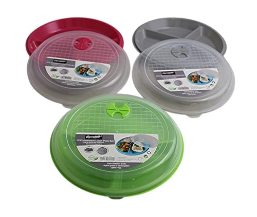 3-Pack Divided Microwave Plates with Vented Lids – Mixed Colors – BPA-Free Reusable Plates for Portion Control, Meal Prep & Leftovers – Stackable, Freezer & Dishwasher Safe