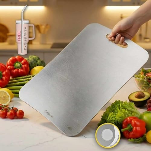 Image of 304 Stainless Steel Rectangular Chopping Board for Kitchen | with 2 Steel Straw & Anti-Skid Silicon Pad | Both Side Usable | for Cutting Vegetables, Meat, Fish, Fruits | Large | 36 x 25 cm