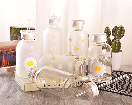 Whjy 16Oz Cute Water Bottle, Matte Glass Water Bottle With Straw, Milk Juice Glass Water Bottle With Scale, With 2 Lids, Little Daisy Sunflower Matte Portable Water Cup - Clear 6 Sunflowers #TOP6