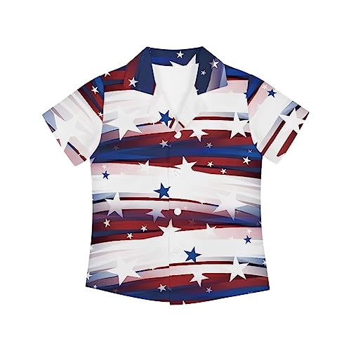 Stripes Stars Print Boy Button Down Shirt Short Sleeve Aloha Shirt Summer Beach Shirt for Kids Outfit Tops