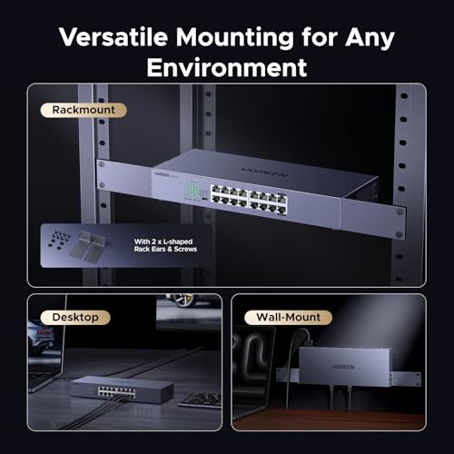 Image of UGREEN 16 Port Gigabit Switch, Rackmount Plug & Play Ethernet Switch, 4 Mode, Unmanaged Network Splitter for Office & Business, Metal Fanless Desktop & Wall Mount Hub for NAS, PC, Printer, Router