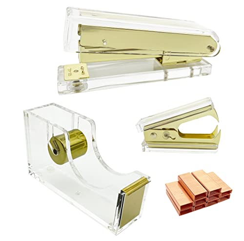 JIARI Transparenter Schreibtisch-Zubehör, Acryl-Klebebandabroller, Acryl-Heftklammerentferner, 1000 Heftklammern, für den Schreibtisch zu Hause, im Büro, in der Schule (Gold) Cover