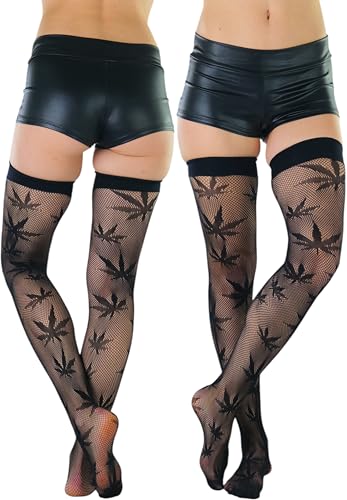 Image of ToBeInStyle Women's Thigh High Stockings Bodystocking Tights Medicinal Cannabis Marijuana Weed Leaf Print Festival Hosiery