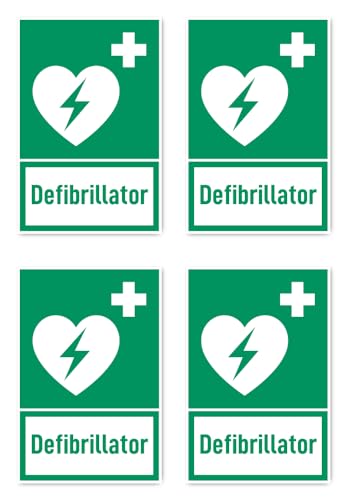 Aufkleber: 150x100 mm, 4 Stück - Automatisierter Externer Defibrillator (AED) - Rettungszeichen mit Text (deutsch) (grün/weiß) - hochkant - E010 - DIN EN ISO 7010 / ASR A1.3