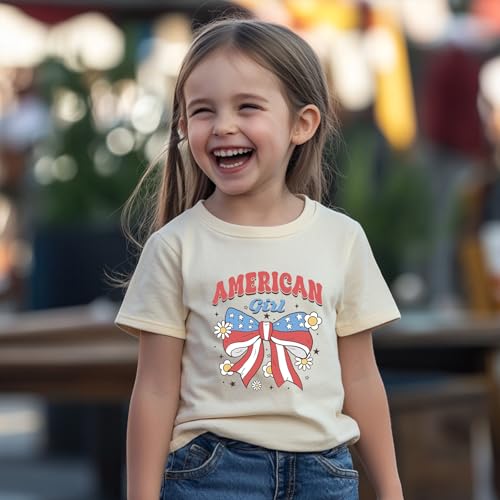 Image of Girl American Flag Shirts Bow Tshirt 4th of July Shirt Cotton Short Sleeve Tees 2-12 Years