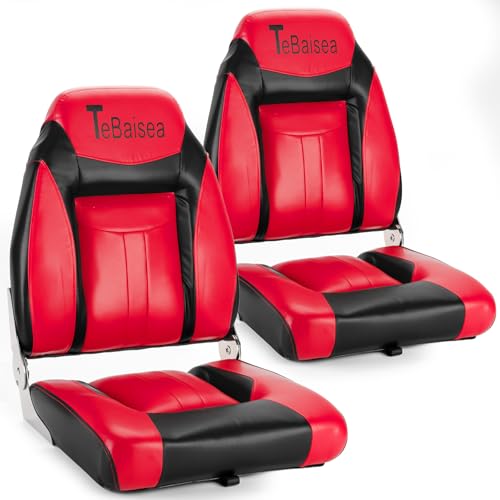 TeBaisea 2pcs Boat Seat, Fishing High Back Seat, Folding Boat Seat, Microfiber Leather Seat Wear Resistant Waterproof Sunproof 316 Stainless Steel Hinges (Black + Red) -  Seat-07