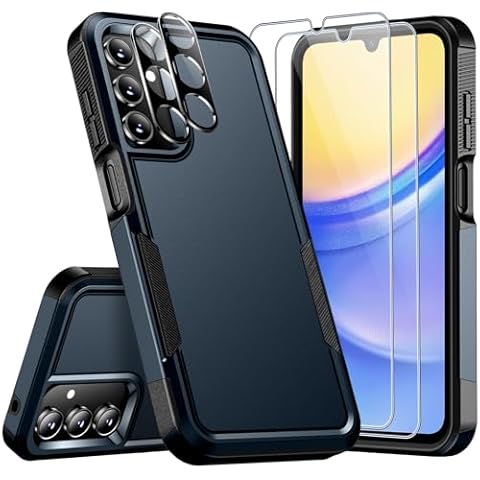 SPIDERCASE for Samsung Galaxy A15 5G Case,[12 FT Military Grade Drop Protection] 2 Pack [Glass Screen Protector + Camera Lens Protector] Heavy Duty Shockproof Case for Samsung A15 5G,Dark Blue Cover