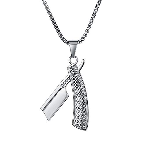 Valily Men's Barber Shaver Necklace Silver Pendant Stainless Steel Square Box Chain Straight Razor Pendant Barber Jewelry Gift