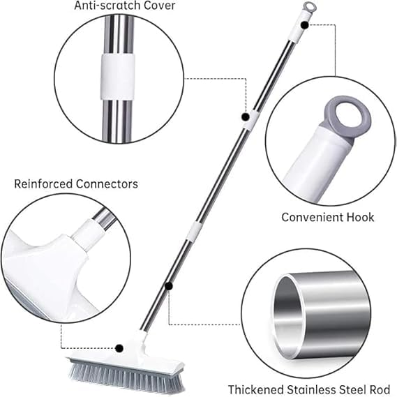 Image of Plastic 2 in 1 Bathroom Cleaning Brush with Wiper, Tile Cleaner Brush, Long Handle, White